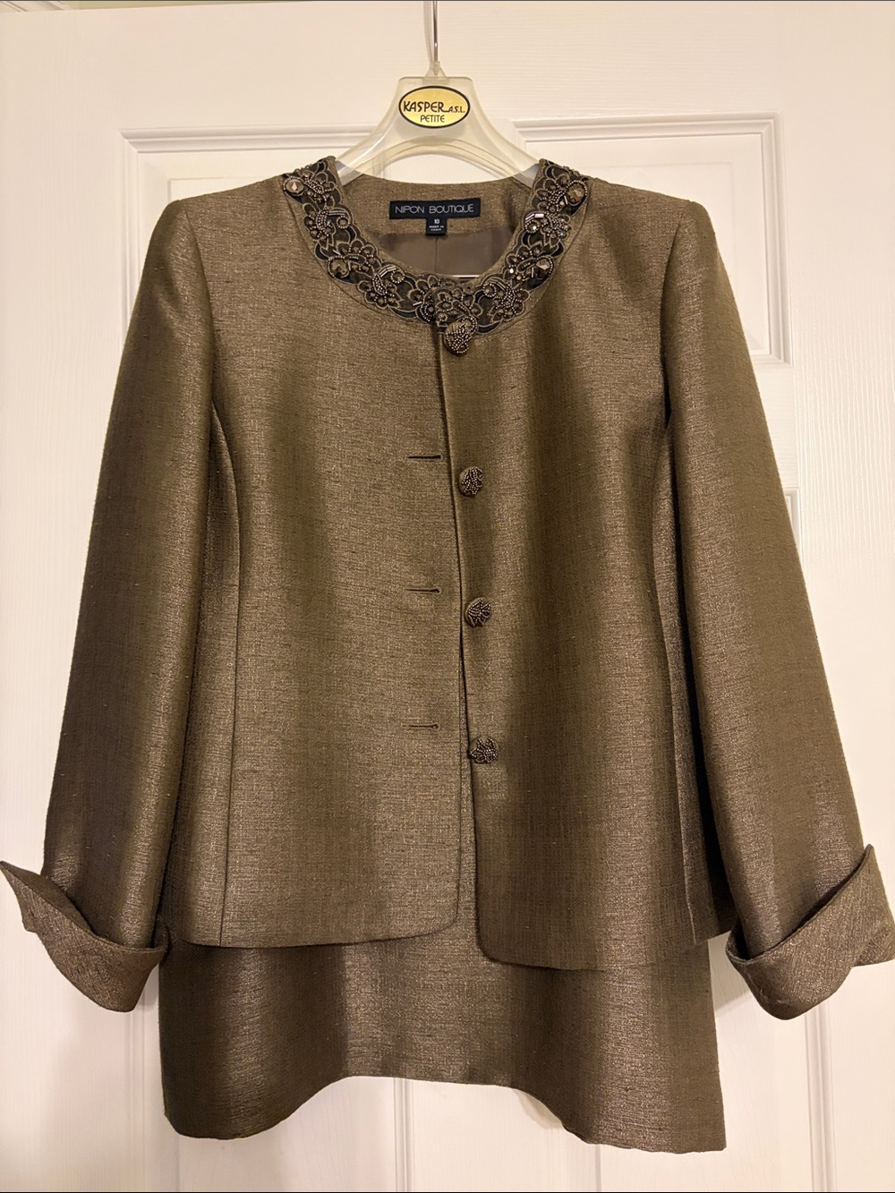 Nipon Boutique Olive Metallic Embellished Collar Skirt Set